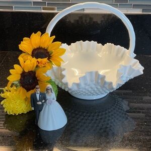 50’s Fenton 11” BRIDES 👰 BASKET Milk Glass #3734 / LEFTON Bride &Groom figurine